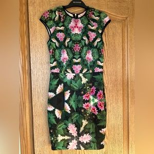 Beautiful Ted Baker bodycon fitted midi dress green and pink floral